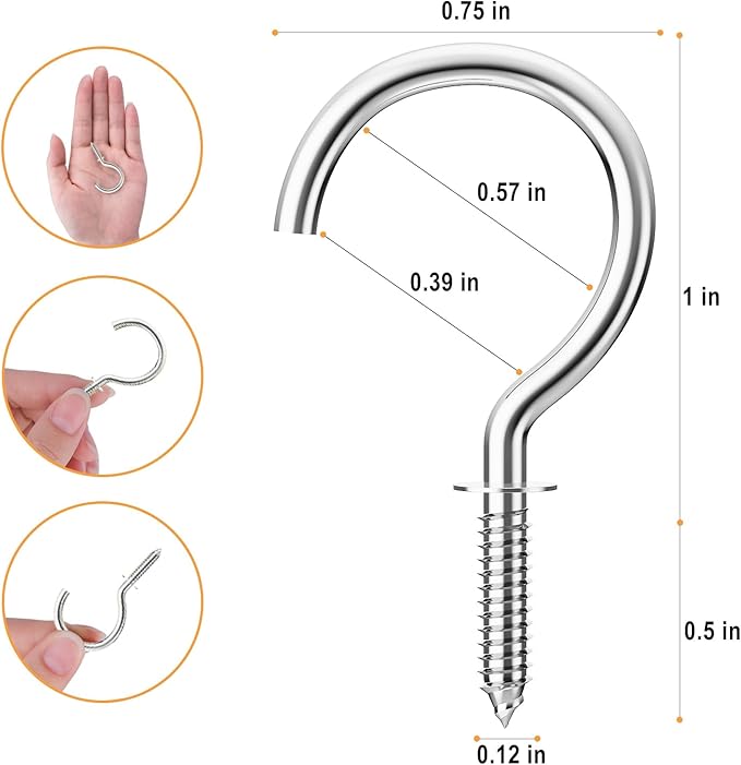 RELBRO Screw Hooks, 1 Inch Metal Screw in Cup Hooks, Silver, 100 Pcs
