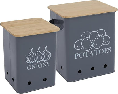 Kitchen Vegetable Storage Tins Set of 2, Onion and Potato Storage Bins with Wooden Lid and Aerating Holes, Garlic Bin Caddy, Vintage Kitchen Decor, Grey