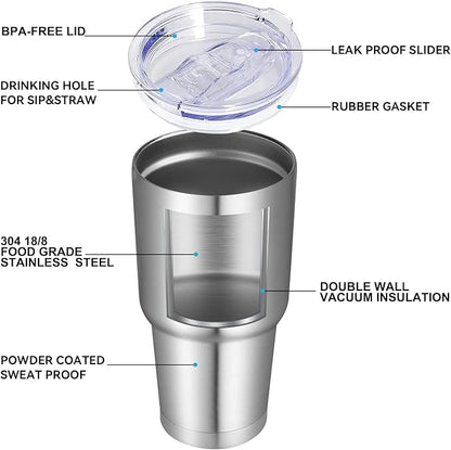 DOMICARE 30 oz Tumbler with Lid and Straw, Stainless Steel Tumblers Bulk, Insulated Vacuum Double Wall Travel Coffee Mug, Durable Powder Coated Tumbler Cups (Stainless Steel, 12)