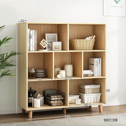 IOTXY Open Cube Low Bookcase - 3-Tier Freestanding Storage Display Cabinet Organizer with Legs for Home Office, 7-Cubes Open Shelf Short Bookshelf, Oak