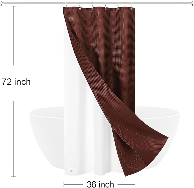 3 in 1 Stall Half Size Brown Shower Curtain Set-36 W x 72 H, Modern Waffle Waterproof Fabric and PEVA Liner Set with Stainless Steel Hooks