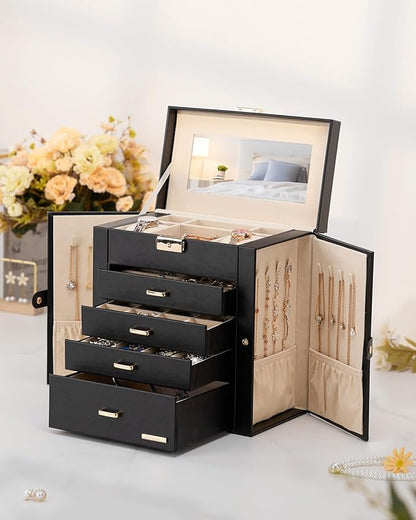Homde Mothers Day Gifts Synthetic Leather Huge Jewelry Box Mirrored Watch Organizer Necklace Ring Earring Storage Lockable Gift Case (Black + Gold)