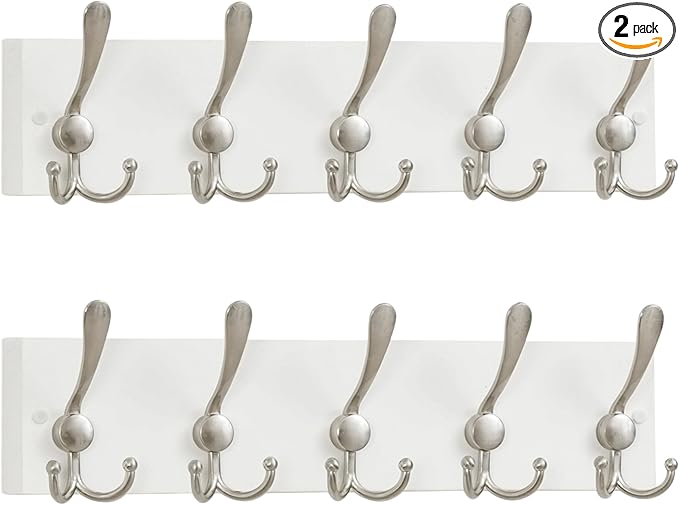 SKOLOO Creations White Solid Wood Wall Mounted Coat Rack, 5 Hooks, 16-7/8" Long - Kitchen, Mudroom, Entryway, Bathroom - Includes Mounting Hardware, Wall Coat Hanger, Towel Rack, Pack of 2