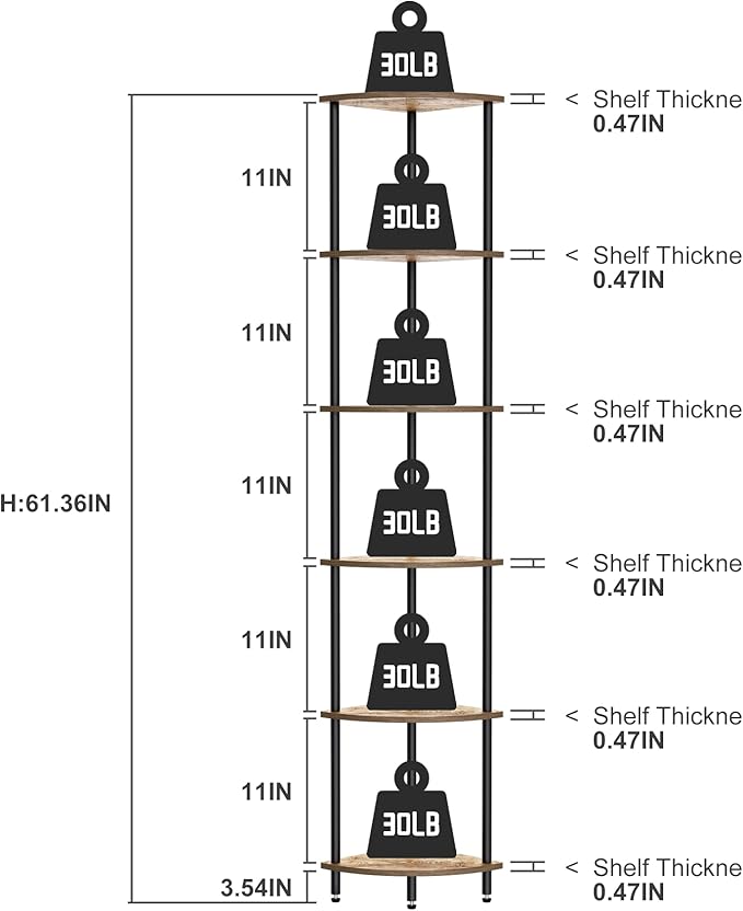 QLSPTFTS 6 Tier Corner Shelf, Bookcase for Small Spaces, Corner Display Shelf, Plant Stand, Rustic Brown and Black,Suitable for Bedroom,Living Room,Kitchen