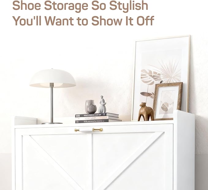 Shoe Storage Cabinet for Entryway with 2 Flip Drawers, Metal Slim Narrow Shoe Cabinet, Freestanding Hidden Shoe Organizer for Foyer, Hallway, Entryway - White