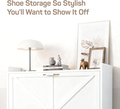 Shoe Storage Cabinet for Entryway with 2 Flip Drawers, Metal Slim Narrow Shoe Cabinet, Freestanding Hidden Shoe Organizer for Foyer, Hallway, Entryway - White