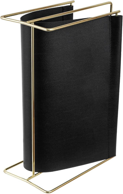 MyGift 15-Inch Modern Black Leatherette & Brass Plated Metal Magazine Holder – Floor Standing Faux Leather Sling Style Newspaper Rack for Home, Bathroom, Office Decor