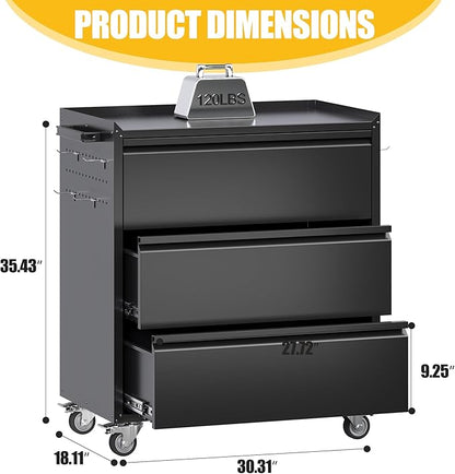 Garage Storage Cabinet with Wheels and Pegboard, Metal Rolling Tool Storage Cabinet with 3 Drawers for Garage, Home, Warehouse, Basement, Assembly Required, Black