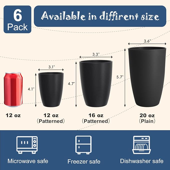 Wheat Straw Drinking Glasses Set of 6, Unbreakable 12 OZ Small Drinking Glasses, Alternative to Plastic Reusable Cups for Kitchen & Outdoor, Dishwasher Safe Cup Set, Black