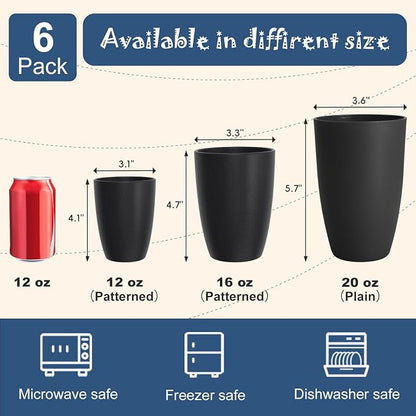 Wheat Straw Drinking Glasses Set of 6, Unbreakable 12 OZ Small Drinking Glasses, Alternative to Plastic Reusable Cups for Kitchen & Outdoor, Dishwasher Safe Cup Set, Black