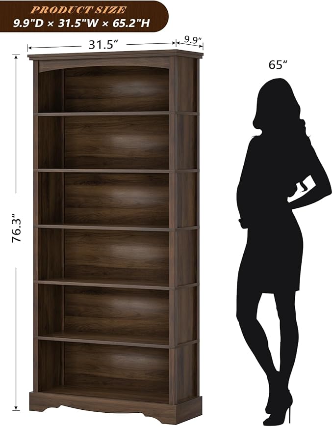 TVU 6-Tier Wooden Bookshelf, 76 Inch Tall Bookshelf with Storage, Floor Standing Modern Style Display Bookcase for Living Room, Office, Study Room, Entryway, Brown