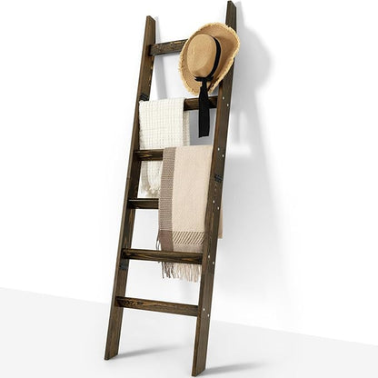 TEAKMAMA 6-Tier Blanket Ladder for Living Room and Bedroom,5.4 Ft Wall Leaning Quilt Rack with Hooks,Rustic Decorative Farmhouse Blanket Storage,Ladder Holder,Christmas Decorations,Rustic Brown