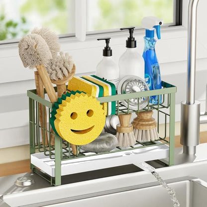 Taugast Sponge Holder for Kitchen Sink with Flexible Sponge Holder Smiley Face,2 Tier Kitchen Sink Organizer Countertop and Storage Essentials,Soap Dispenser Organize,Home Decor Accessories-Green