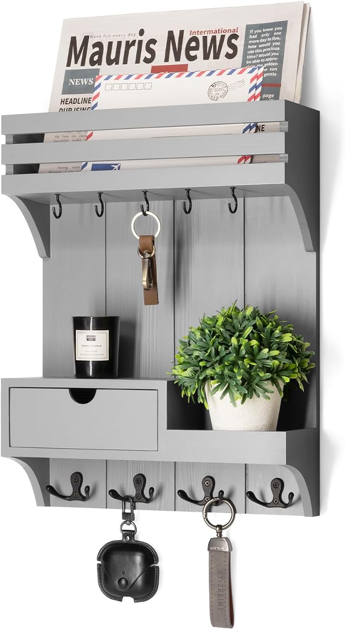 Rebee Vision Decorative Key Holder Wall Mount with Small Drawer Organizer - Modern Mail Organizer with 9 Key Hooks and Wall Shelf for Home Decor - Stylish Apartment Essentials (Gray)
