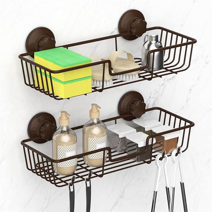 SANNO Suction Cup Shower Caddy Bathroom Caddies Storage Combo Organizer, No Damage Suction Cup,Rustproof Wire Basket for Kitchen & Bathroom, Bronze,pack of 2