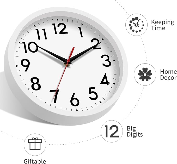 DAXSMY Wall Clock Small Analog 8 Inch Silent Non Ticking Battery Operated Modern Simple Decorative for Kitchen Office Bedroom Bathroom Living Room(White)