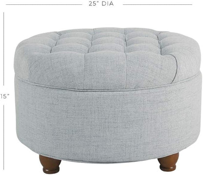 Homepop Home Decor | Button Tufted Woven Round Storage Ottoman | Ottoman with Storage for Living Room & Bedroom (Light Blue)