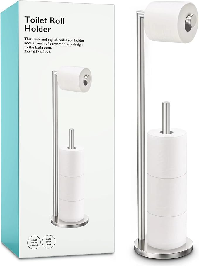 Toilet Paper Holder Stand, Bathroom Toilet Paper Roll Holder Stand with Reserve, Standing Toilet Paper Holder with Storage,Toilet Paper Roll Holder for 4 Rolls, Brushed Nickel