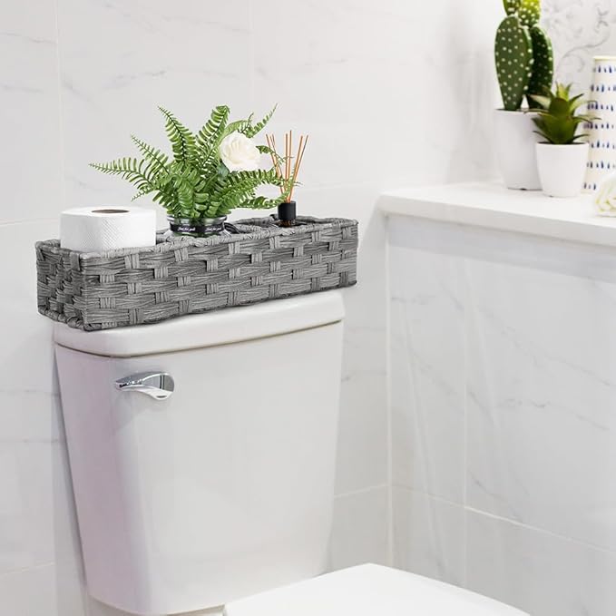 LotFancy Toilet Paper Storage Basket, 2 Pack Woven Toilet Tank Topper Basket, Back of Toilet Storage Basket, Rustic Farmhouse Bathroom Décor, Grey