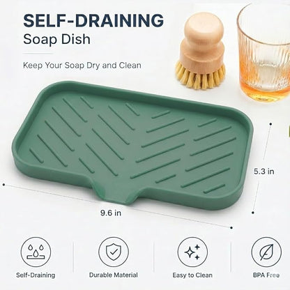 MicoYang Silicone Soap Dish with Drain Spout — Self-Draining Sink Organizer Tray for Bathroom & Kitchen, Sponges, Dispensers & Soap Holder, Non-Slip & Dishwasher Safe, Green (Medium, 9.6"×5.3")