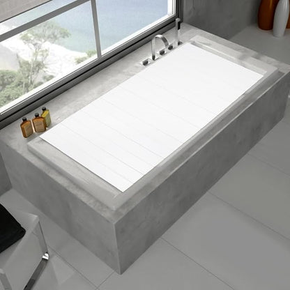White Wood Grain Foldable Bathtub Cover, PVC Waterproof Dustproof Bath Tub Lid, Heat Preservation Bathroom Tub Tray for Home Hotel Spa (70.87×31.50×0.26)