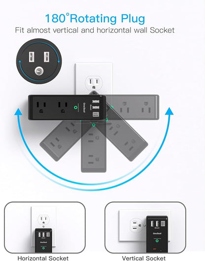 Surge Protector Outlet Extender, Rotating Plug, PD 20W, 6 AC Multi Plug Outlet with 3 USB Ports (2 USB C), 1800 Joules 3-Sided Swivel Power Strip with Spaced Outlet Splitter for Home Office Dorm - BK