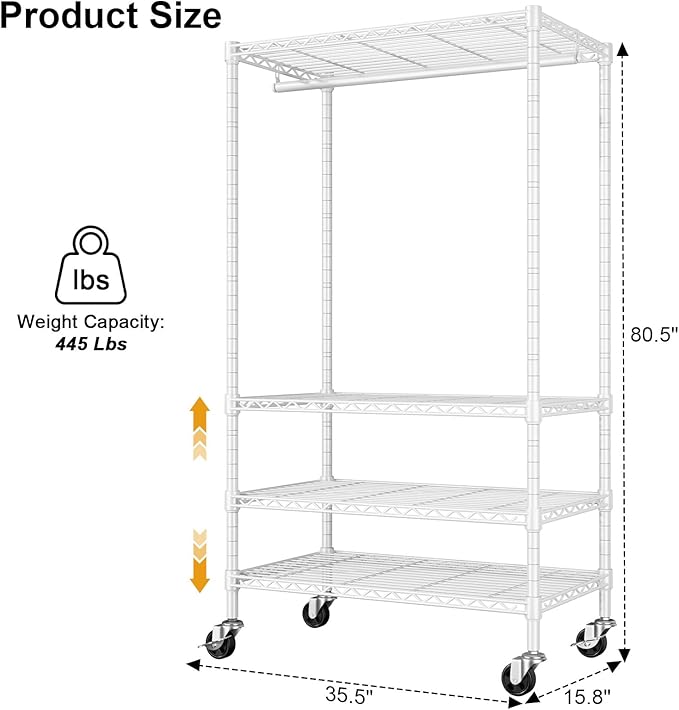 P9 Rolling Clothes Rack Heavy Duty, Clothing Racks for Hanging Clothes, 4 Tiers Garment Rack with Wheels, Metal Portable Closet Rack, 35.5" L X 15.8" W X 80.5" H, Max Load 445 LBS, White