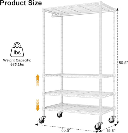P9 Rolling Clothes Rack Heavy Duty, Clothing Racks for Hanging Clothes, 4 Tiers Garment Rack with Wheels, Metal Portable Closet Rack, 35.5" L X 15.8" W X 80.5" H, Max Load 445 LBS, White