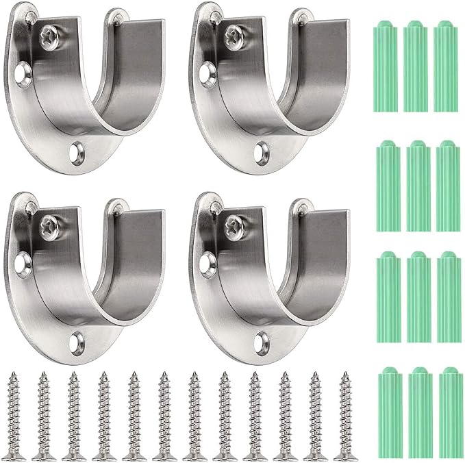 OwnMy 4 Packs Closet Rod End Supports Brackets 1-1/2" Diameter, U Shaped Stainless Steel Closet Pole Sockets Flange Rod Holder for Closet Wardrobe Shower Curtain (Silver Tone)