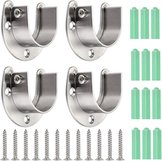OwnMy 4 Packs Closet Rod End Supports Brackets 1-1/2" Diameter, U Shaped Stainless Steel Closet Pole Sockets Flange Rod Holder for Closet Wardrobe Shower Curtain (Silver Tone)