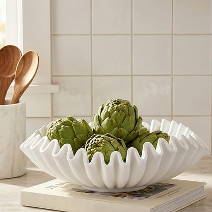 FESTGLOX White Decorative Bowl, Modern Handicraft Ruffle Key Bowls for Living Entryway Table, Decorative Fruit Bowl for Kitchen Counter, Coffee Tables