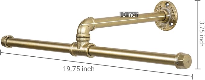 MyGift 20-inch Industrial Brass-Tone Metal Pipe Wall Mounted T-Bar Hanging Clothing Rack