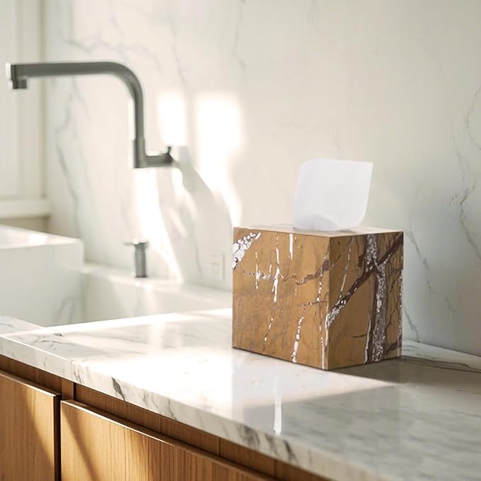 N NANSHOP Natural Marble Tissue Box Holder Square Facial Tissue Bathroom Organizer Dispenser Bedroom Vanity Decor for Home Decor, Kitchen, Livingroom(NS034)