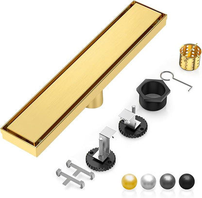 DLONE Linear Shower Drain | 18" AISI 304 Stainless Steel Shower Drain, Brushed Gold Linear Drain with Tile Insert Panel & Adjustable Feet, Long Rectangle Shower Floor Drain in Bathroom, Balcony etc