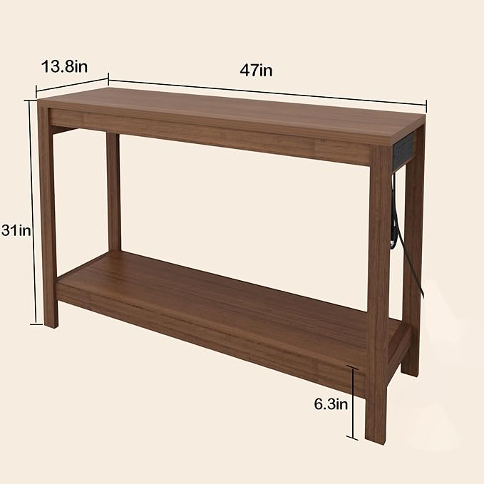47" Entryway Table, Narrow Console Sofa Table, with Outlets and USB-C Port, Entryway Table with Open Storage, for Living Room, Hallway, Entryway, Foyer, Kitchen Counter, Golden Walnut