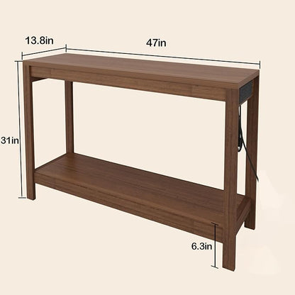 47" Entryway Table, Narrow Console Sofa Table, with Outlets and USB-C Port, Entryway Table with Open Storage, for Living Room, Hallway, Entryway, Foyer, Kitchen Counter, Golden Walnut