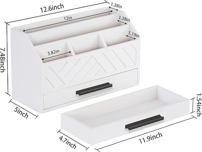 dreampossible Wood Desk Organizer and Accessories with Drawer, Bill Mail Organizer and File Mail Holder for Office Supplies, Modern Desk Accessories & Workspace Organizers for Desk Organization