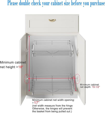 DINDON 2 Tier Pull Out Cabinet Organizer (17" W x 18" D) Heavy-Duty Metal Sliding Drawer Shelf, Two Tier Pull Out Shelves for Kitchen Cabinets, Pantry, Bathroom, Chrome Finish