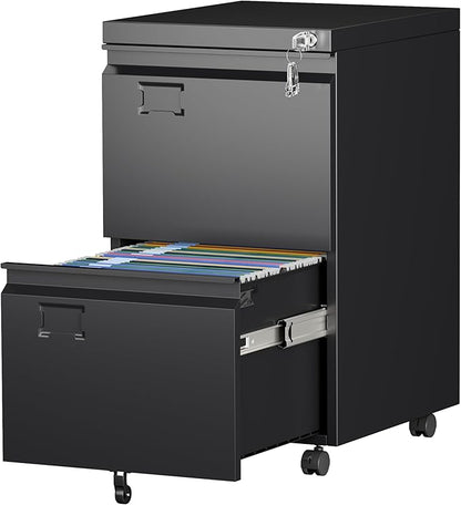 Aobabo 2 Drawer File Cabinet with Wheels, Lockable Metal Filing Cabinet with Business Card Slot for Legal/Letter Size Home Office, Required Assembled,Black