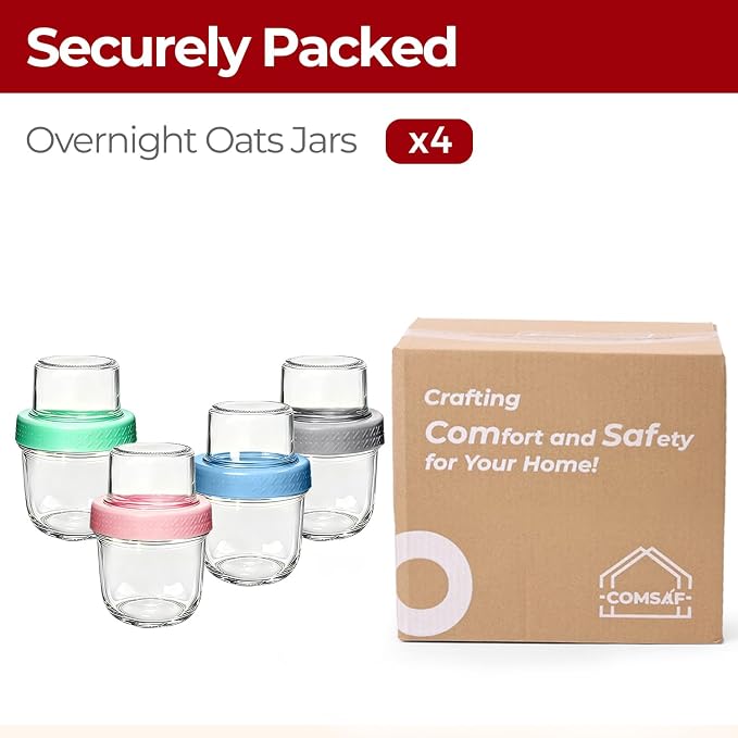Glass Yogurt Parfait Cups with Lids, 8oz+4oz Reusable Overnight Oats Containers (4 Pack), Dual-Layer Leak-Proof Meal Prep Jars, 4 Colors Set for Snacks, Office Lunch — Blue, Gray, Green, Pink