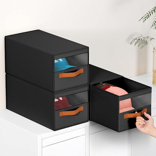 DIMJ Closet Organizers and Storage - Fabric Bins with Drawers for Closet Foldable Clothes Organizers with Clear Window, Stackable Storage Drawers Units for Hat, 6-Pack, Black