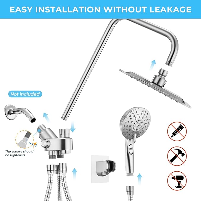 Ryamen Dual Shower Head Combo, 8'' High Pressure Rain Shower Head with Handheld Spray, 6+1 Spray Settings Handheld Showerhead, Height Adjustable, One-touch Pause Button, Chrome Polished