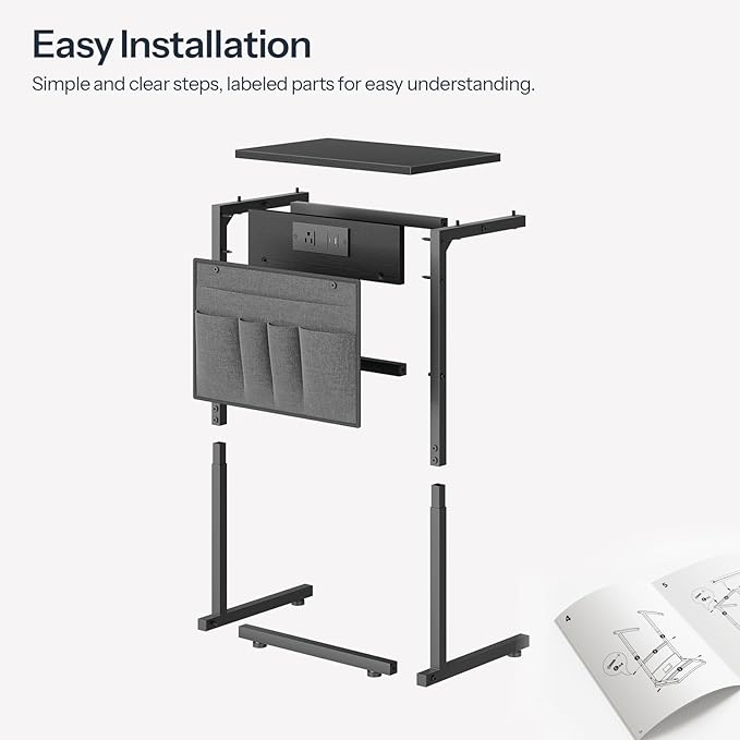 HOOBRO C Shaped End Table with Charging Station, 28" Tall Couch Table for Couch and Recliner for Small Spaces, Slide Under Sofa Table TV Tray with Storage Bag for Living Room, Black BB70USF01