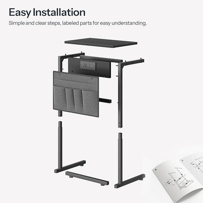 HOOBRO C Shaped End Table with Charging Station, 28" Tall Couch Table for Couch and Recliner for Small Spaces, Slide Under Sofa Table TV Tray with Storage Bag for Living Room, Black BB70USF01