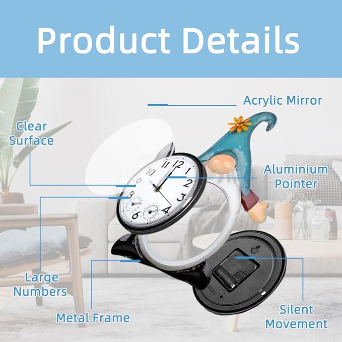 Gnome Outdoor Clock with Thermometer & Humidity, 14.5'' Quartz Outdoor Wall Clock Silent No-Ticking for Patio, Living Room, Kitchen