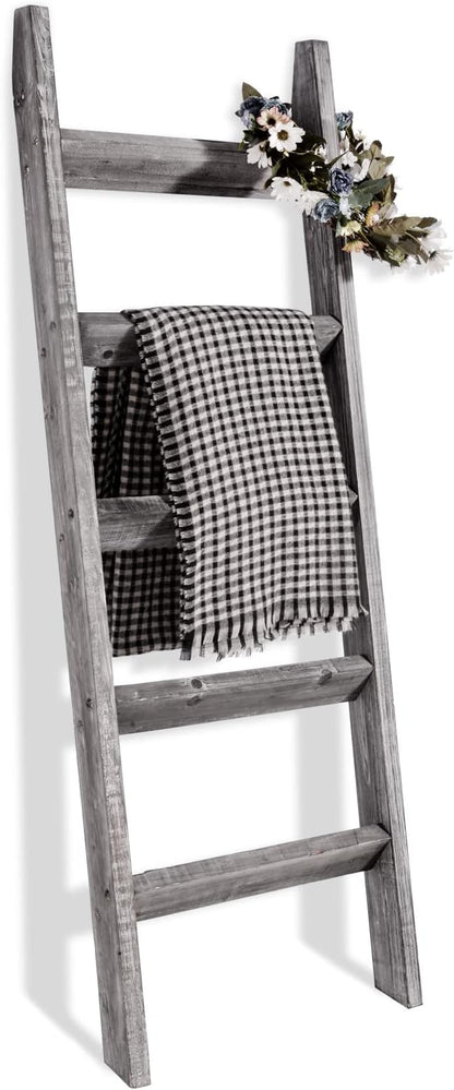 FUIN 5ft (58") Wood Blanket Ladder Living Room Decorative Wall Leaning Farmhouse Quilt Display Holder Rustic Wooden Towel Rack for Bathroom, Gray