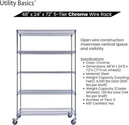 Utility Basics NSF Commercial 5-Tier Wire Shelving with Wheels, 48"x24"x72" Heavy Duty Metal Shelves 4000 lbs Max Capacity, Chrome Storage Rack for Garage Kitchen Pantry Warehouse