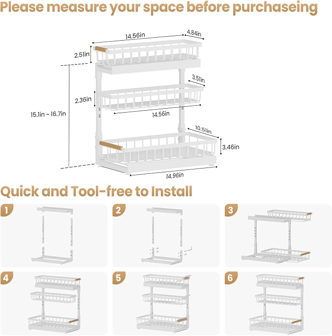 Under Sink Organizer and Storage for Bathroom and Kitchen - 1 Pack 3 Tier Under Cabinet Pull Out Shelf Organizers - Slide Out Drawer Organization for Home Cabinets Shelves and Drawers
