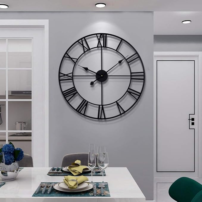 LEIKE 16" Large Wall Clocks Battery Operated, Round Modern Silent Non-Ticking Black Metal Wall Clock for Living Room Decor, Bedroom Kitchen (40cm Diameter, Black Roman Number)