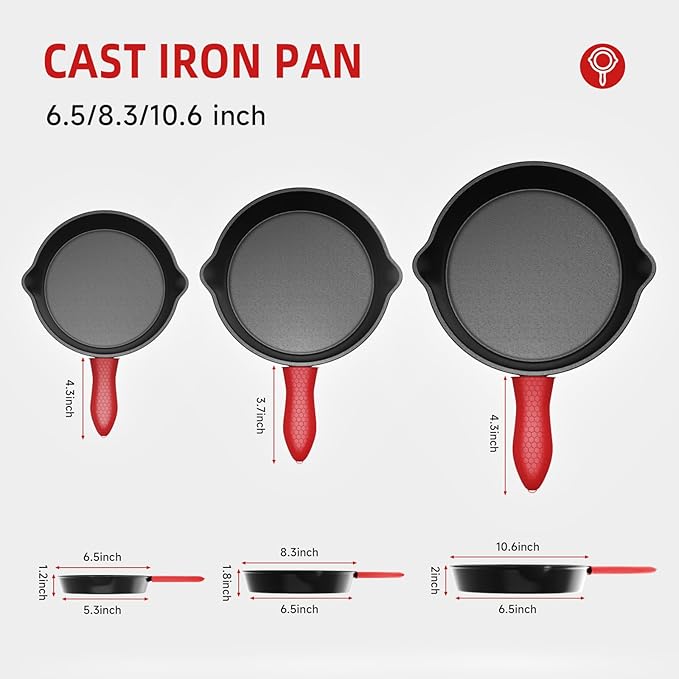 3 piece set, cookware set 6, 8, 10 Inches, for frying, saute, &more, easy use in the oven, stove, grill, or campfire, black, with silicone heat-resistant cover
